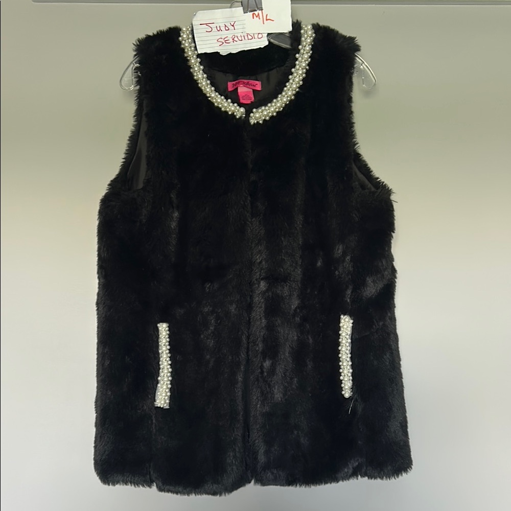 Betsy Johnson super cute Black Faux Fur Vest with Pearl Accents